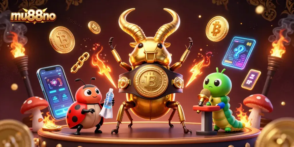 Engage with mu88no's vibrant 3D casino illustration showcasing a golden stag beetle in a thrilling boxing match