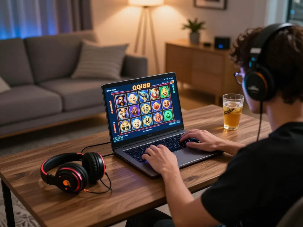 Permainan menarik di game Slot QQ188 dari pengaturan rumah yang nyaman, menampilkan pemain yang fokus pada kemenangan.