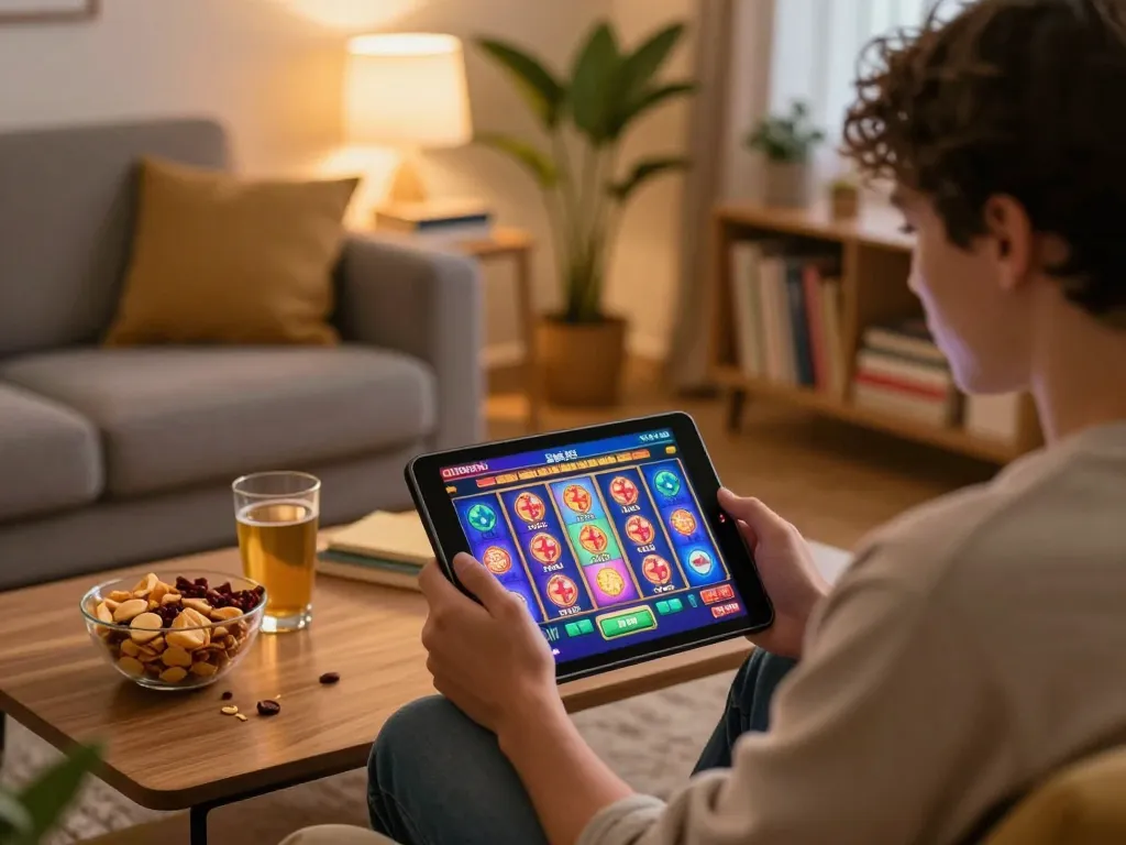 Player enjoying social slots on tablet screen featuring IDCWIN88 in a cozy living room.