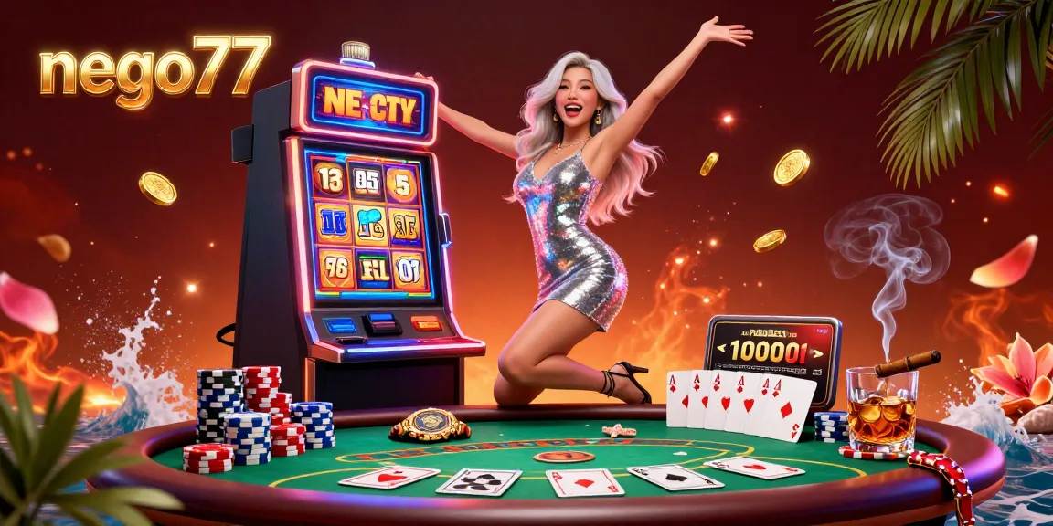 Nego77 jackpot celebration with a stunning woman at a slot machine amid vibrant casino elements.