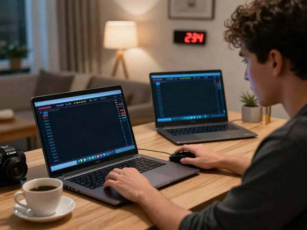 Pengguna berinteraksi dengan dewitogel link di laptop dalam suasana nyaman di rumah.