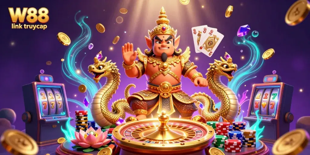 Spin the 3D roulette and win with W88 link truy cập, featuring vibrant casino game elements in a lively atmosphere.