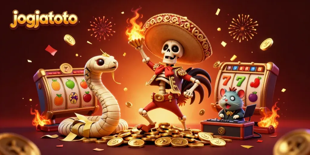 Engage in winning with jogjatoto, featuring colorful characters celebrating a jackpot.