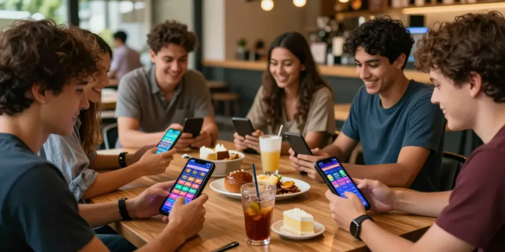 Aktivitas bermain totowin88 secara online di kafe yang ramai.