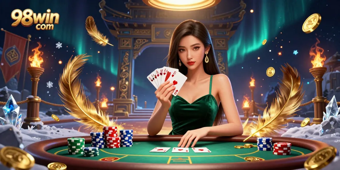 Experience the excitement of 98win com with a stunning poker scene featuring a focused Asian woman, chips, and gold accents.