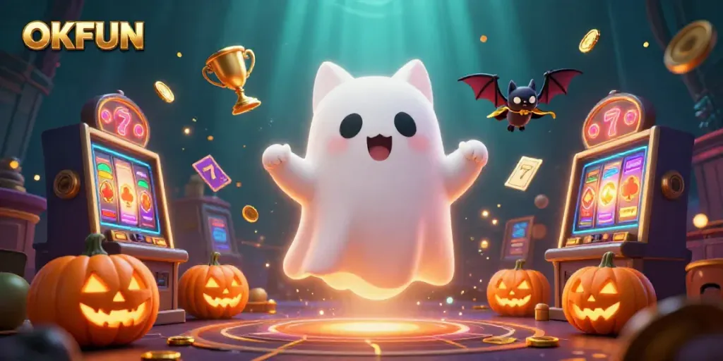Experience thrilling casino excitement with OKFUN, a ghost cat and bat in a haunted mansion.