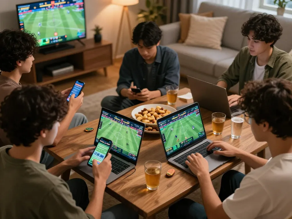 Engaging in situs toto sports betting session with friends at home, showcasing mobile and laptop screens.