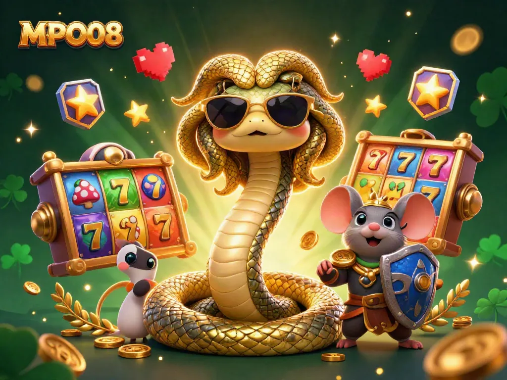 MPO08 showcases a vibrant casino scene with Medusa and a warrior mouse amidst colorful slot machines and golden coins.