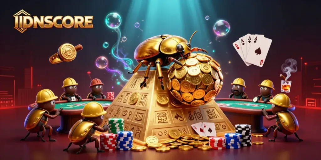 Engage with IDNSCORE’s vibrant 3D world featuring a golden dung beetle and casino elements.