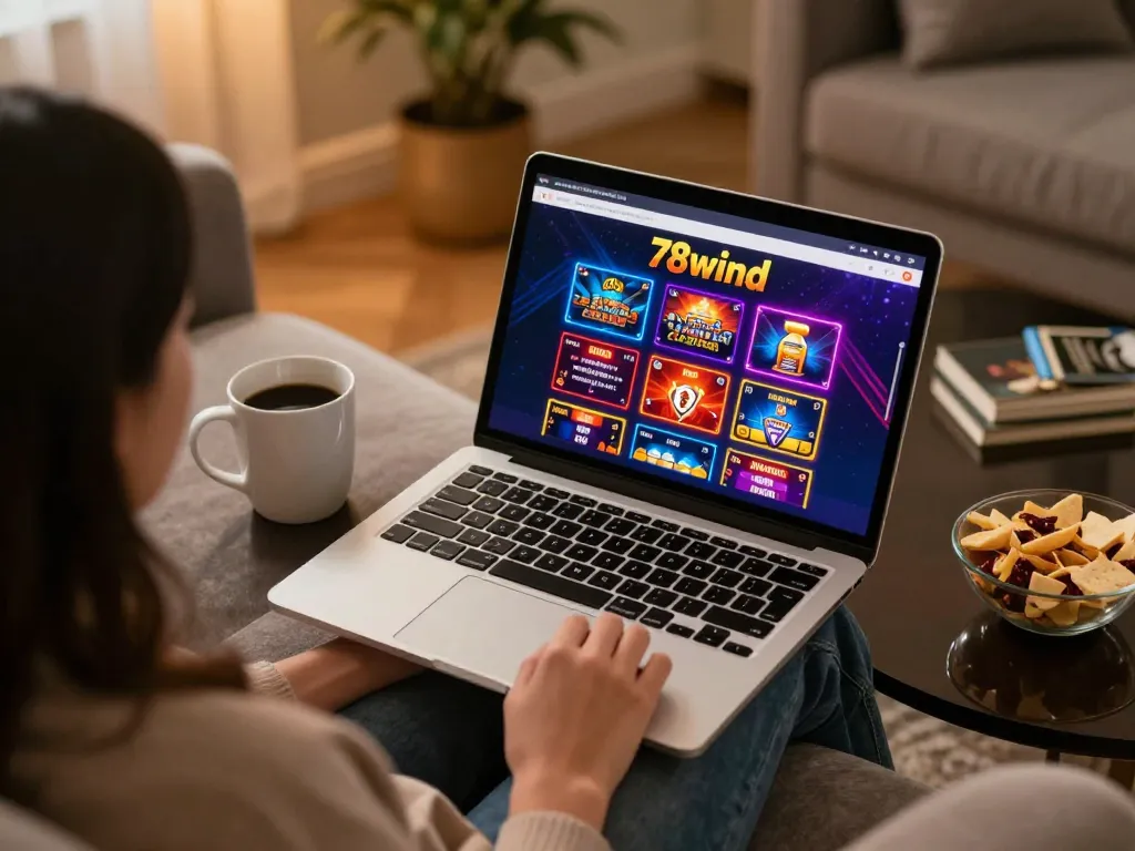 Engaging in online gambling on 78wind with a laptop in a cozy ambiance.