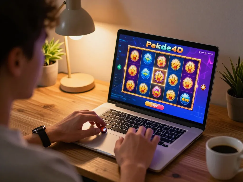 Player using Pakde4D on a laptop, showcasing an engaging online gaming experience with colorful slot graphics