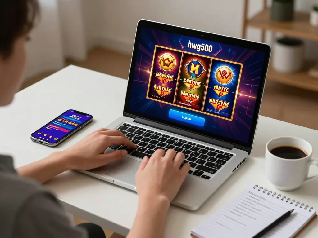 Bergabung dalam login hwg500 di laptop yang stylish sambil menikmati slot online, menekankan pada kegembiraan dan strategi.