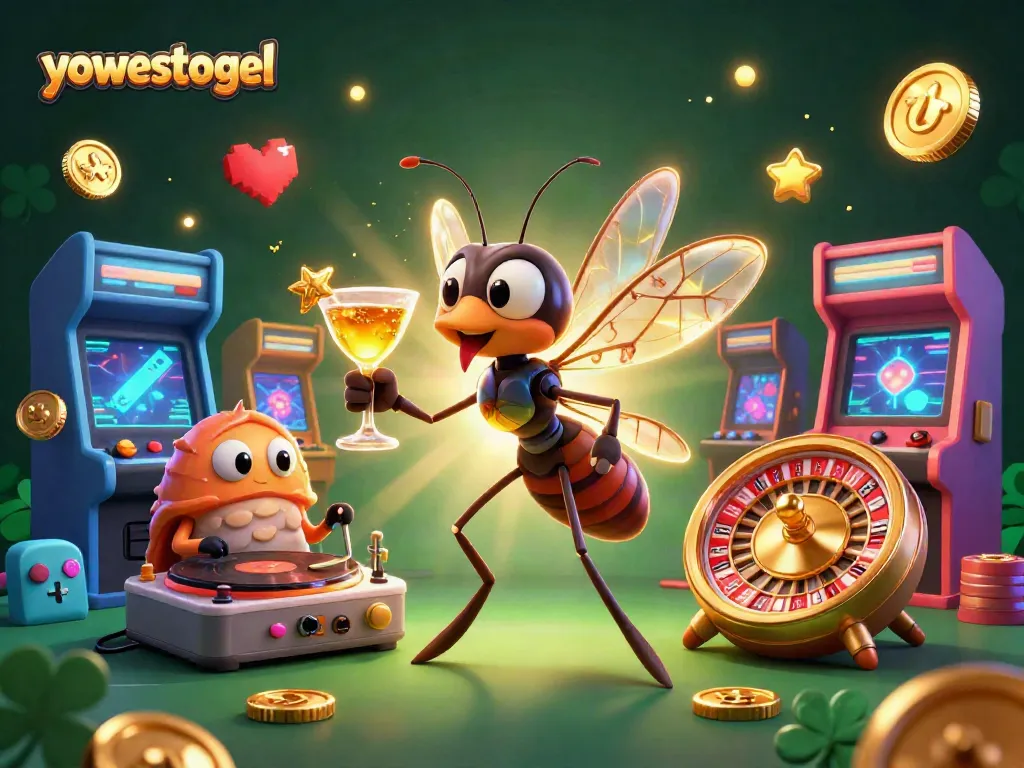 Experience yowestogel with a vibrant casino-themed scene featuring a cheerful mosquito mascot.
