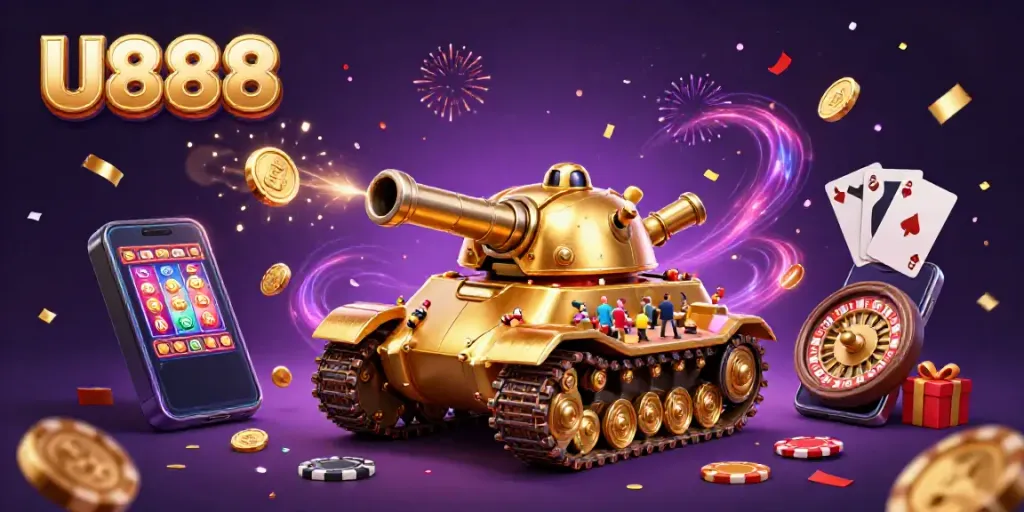 Engage with U888's dynamic casino world featuring vibrant games, golden elements, and festive celebrations.