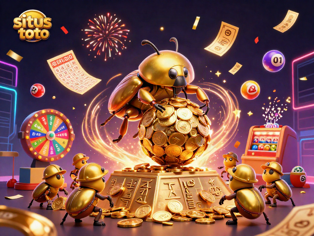 Permainan situs toto yang menarik dengan simbol koin emas dan bola lotere berwarna-warni.