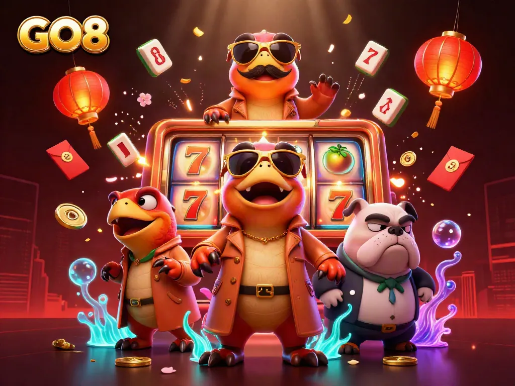 Experience the excitement of the GO8 casino with raptors and a bulldog in a vibrant VIP lounge.