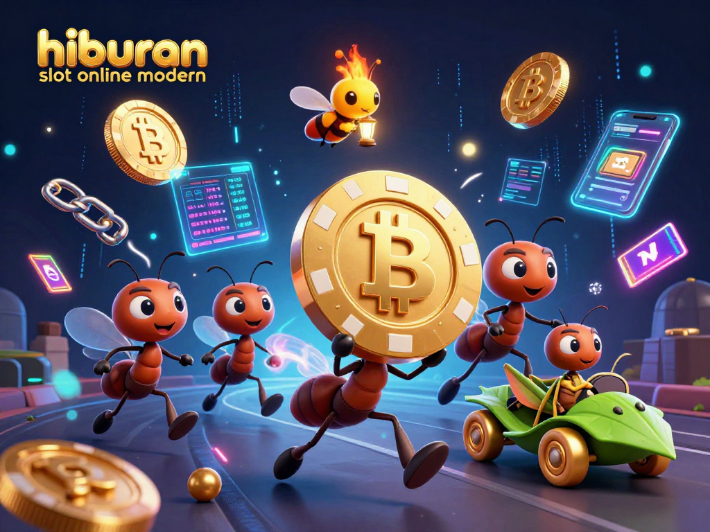 Experience hiburan slot online modern with a 3D cartoon heist featuring ants, crypto elements, and vibrant casino symbols.