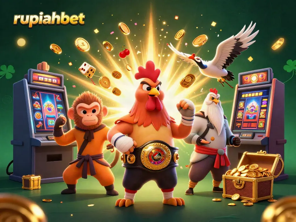Experience a thrilling casino adventure with rupiahbet's vibrant 3D illustration of gambling icons.