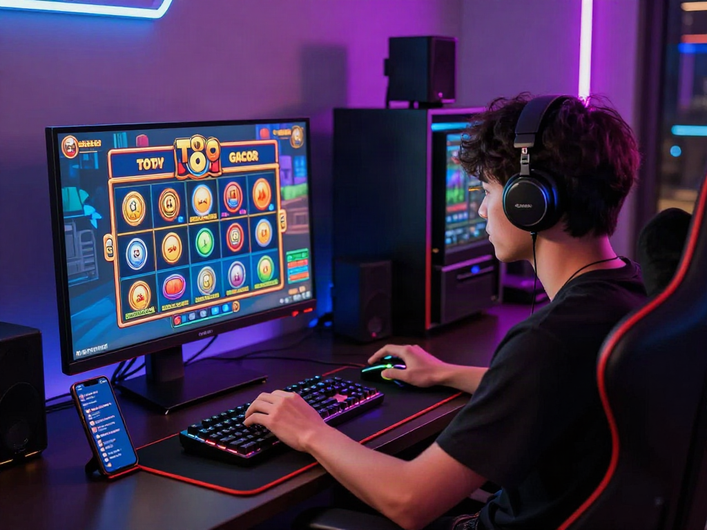 Permainan Toto Slot Gacor dengan grafis cerah dan gamer fokus di ruang bermain modern.