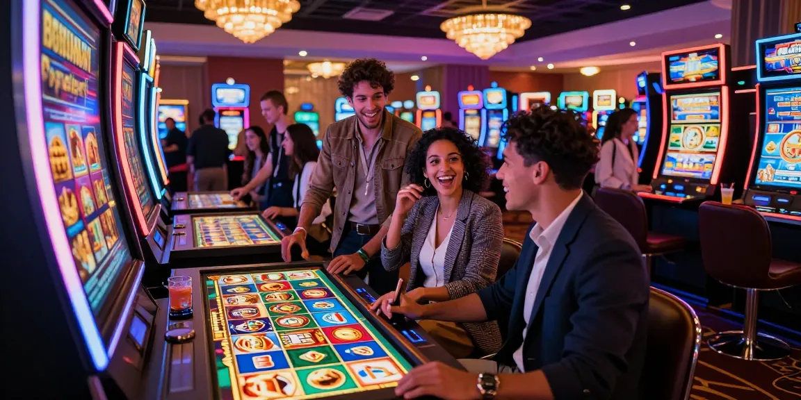 Exciting gaming moment at a slot machine highlighting situs slot with friends in a lively casino environment.
