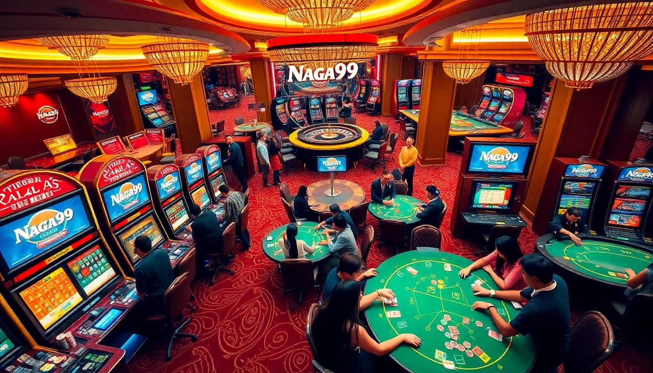 Naga99 gaming scene featuring players at poker tables and slot machines, showcasing luxury and excitement.