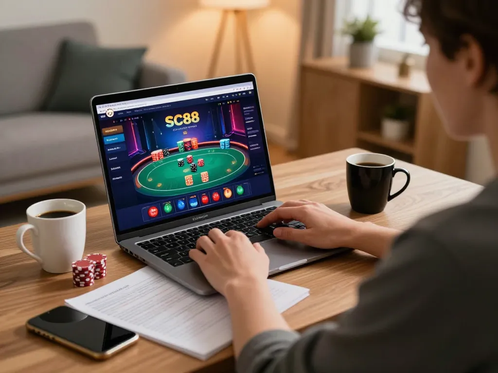 Player engaging with SC88 online gaming platform at home, highlighting responsible gaming.