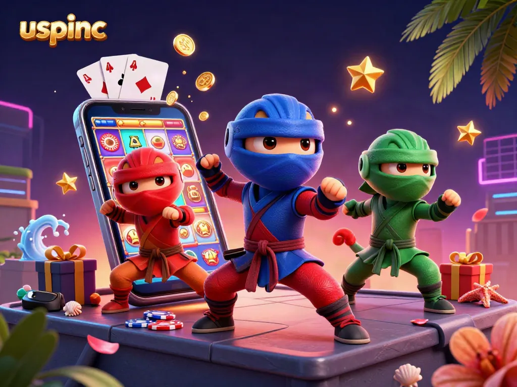 Experience the excitement of uspinc as ninja chameleons engage in martial arts amidst vibrant casino game elements.