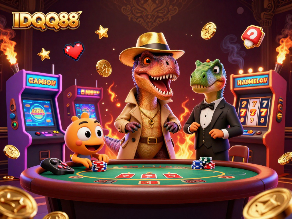 Engage with IDQQ88 at a vibrant casino scene featuring a clever velociraptor card counter.