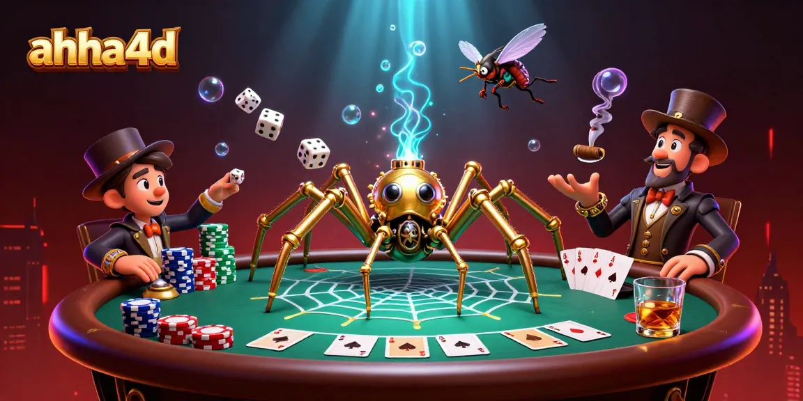 Enter the exciting world of ahha4d with a steampunk spider capturing dice and poker elements.