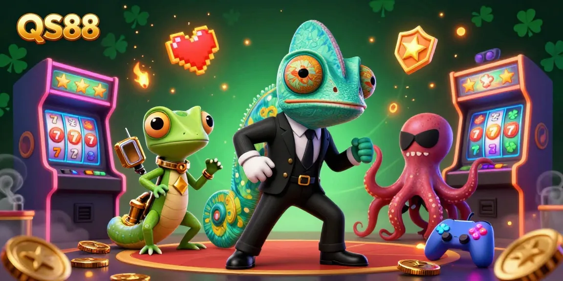 Engage with QS88's vibrant online gaming world filled with slot reels and animated characters.