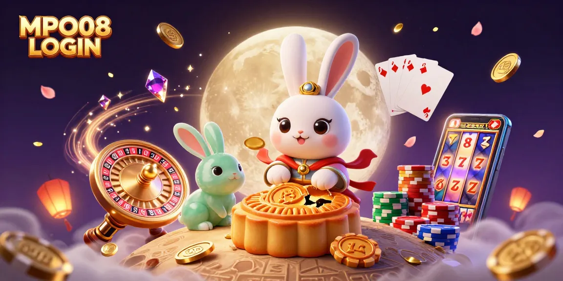 MPO08 LOGIN showcases a vibrant 3D illustration of a moon rabbit celebrating wins with poker chips.