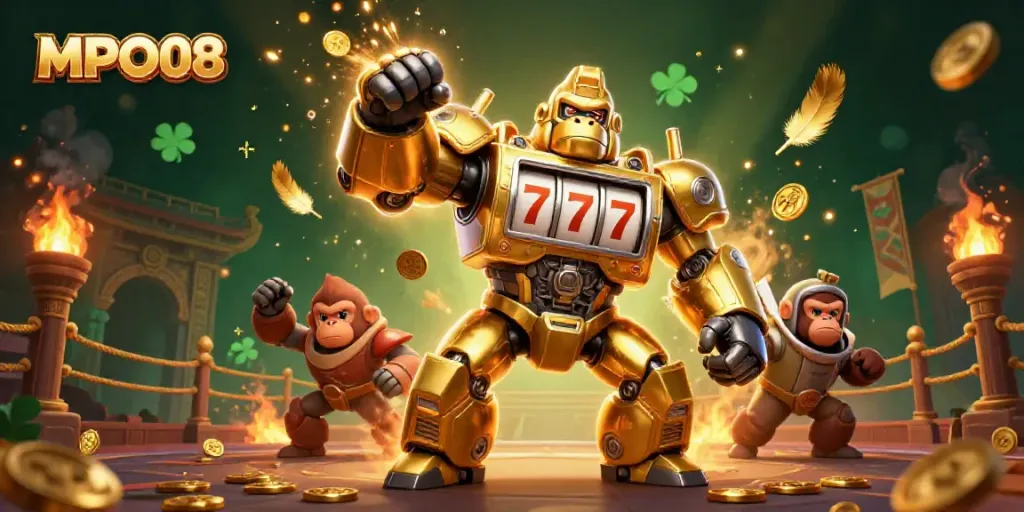 Experience the excitement of MPO08 with a golden gorilla mech and dynamic casino elements in a vibrant scene.