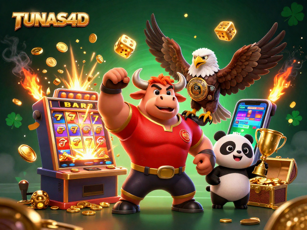 TUNAS4D showcases exciting gameplay with a victorious bull mascot, eagle, and panda in a vibrant casino scene.