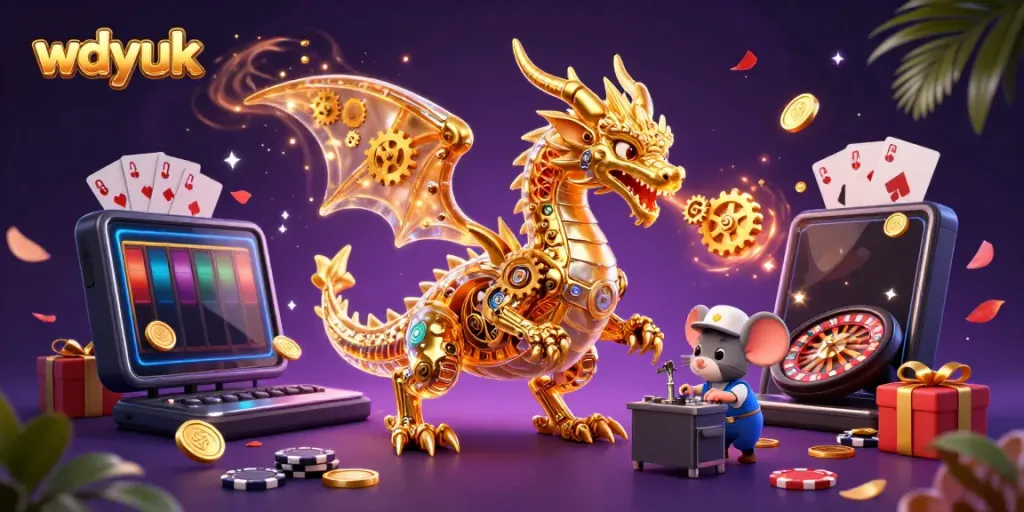 Experience the excitement of wdyuk with a golden dragon unleashing gears in a vibrant casino scene.