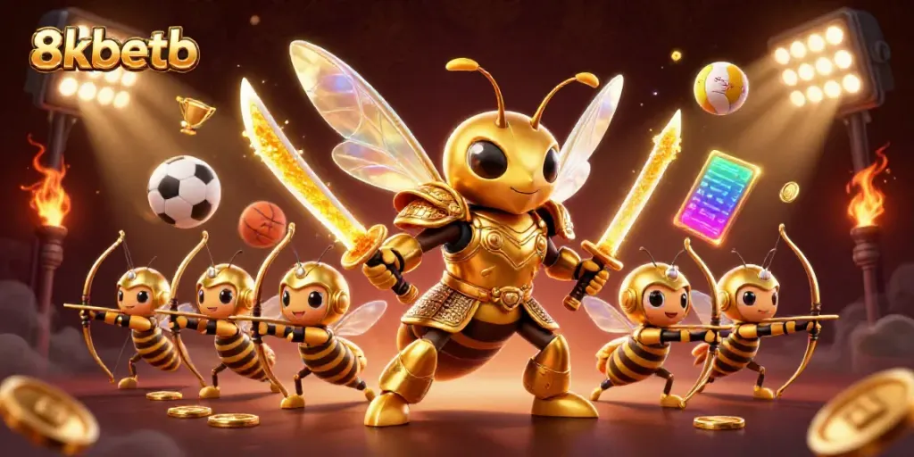 Engage in thrilling gameplay with 8xbetb, showcasing a colorful dynamic betting scene featuring a golden hornet in samurai armor.