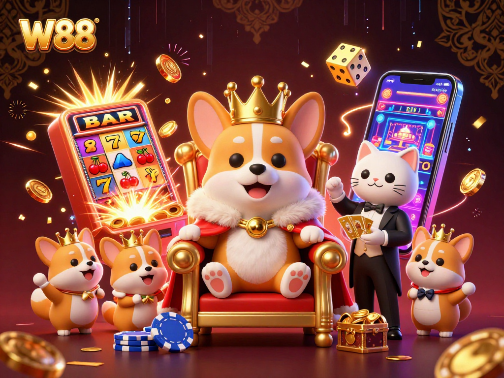 Experience the excitement of W88 with royal corgis and casino elements in a vibrant 3D illustration.