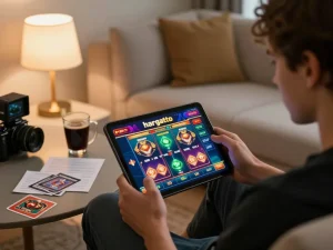 Engaging gameplay at hargatoto online casino displayed on tablet in cozy home environment.