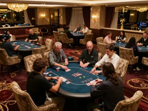 F168 VIP players enjoying an upscale poker game in an elegant casino setting