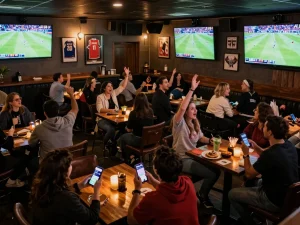 Patrons engaging with 78win sports betting app while watching live events at an energetic sports bar