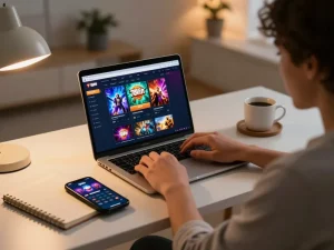 Engaging in online gaming at home with 78win casino on a laptop and smartphone, highlighting strategic gameplay.