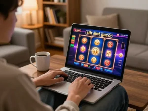 Engaging scene of online gaming with situs slot gacor experience on a laptop, warm cozy setting.