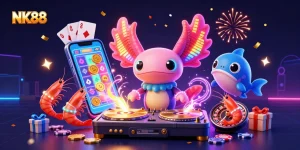 Engage with NK88's vibrant gaming scene, featuring a neon axolotl DJ amidst exciting slot games and festive elements.