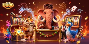 Experience winning at UU88 with our vibrant casino scene featuring a woolly mammoth guarding the entrance.