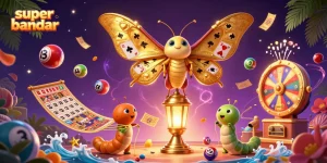 Memenangkan momen seru dengan super bandar, bola lotere berwarna dan kartu bingo yang berkilau.