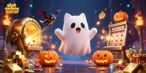Gambarkan slot online gacor dengan kucing hantu lucu melayang di kasino berani, dikelilingi perhiasan.