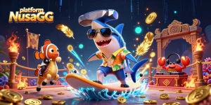 Engage with platform NusaGG in a vibrant 3D scene filled with gaming action and aquatic fun.