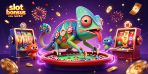 Menangkan slot bonus anggota baru dengan chameleon kasino berwarna-warni menangkap koin emas di antara simbol slot.