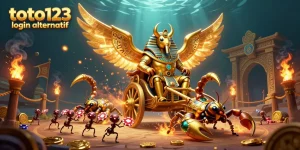 Toto123 login alternatif brings excitement to online gambling with a vibrant 3D casino illustration featuring cartoon characters and dynamic game elements.