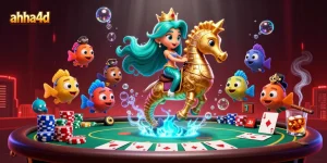 Engage in ahha4d casino excitement with a mermaid princess and seahorse at a poker table.