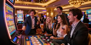 Keseruan bermain slot LUXURY777 di kasino mewah dengan teman-teman, suasana penuh energi dan kegembiraan.